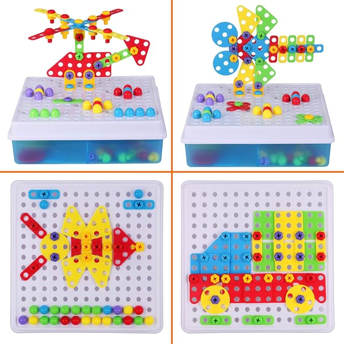 Creative Mosaic Tool Kit with Electric Drill, STEM Building Blocks for Kids, 223PCS Toy Construction Tools, Montessori Educational Construction Toys, Birthday Gift for Boys Girls Ages 3 4 5 6 7 8 9 10