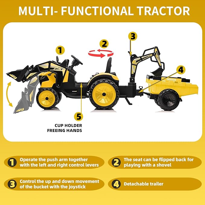 3 in 1 Ride on Tractor, 24V Ride on Toy for Big Kids, Excavator Bulldozer - Battery-Powered Electric Vehicle w/Trailer, Digger, Remote Control, LED Lights, Music, USB, Battery Powered, Yellow