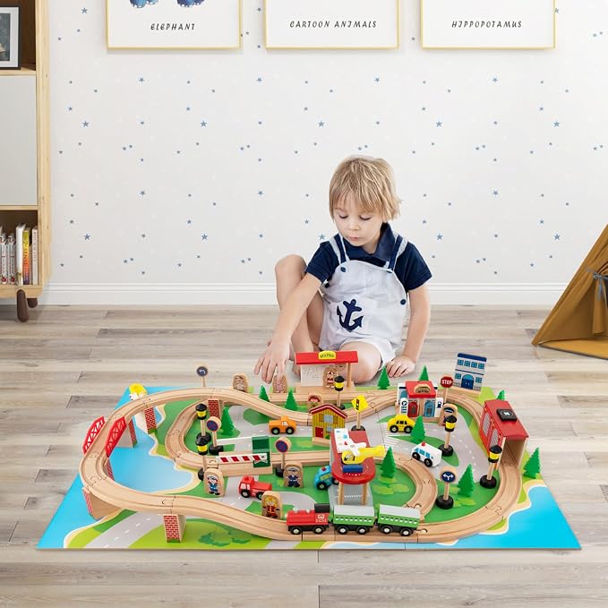 HONEY JOY Train Table, Wooden Kids Activity Table with Storage, 84 Multicolor Pieces, Tracks, Trains, Cars, Toddler Toy Train Table Set w/Reversible Tabletop, for Boy Girl Ages 18 Months+, Natural