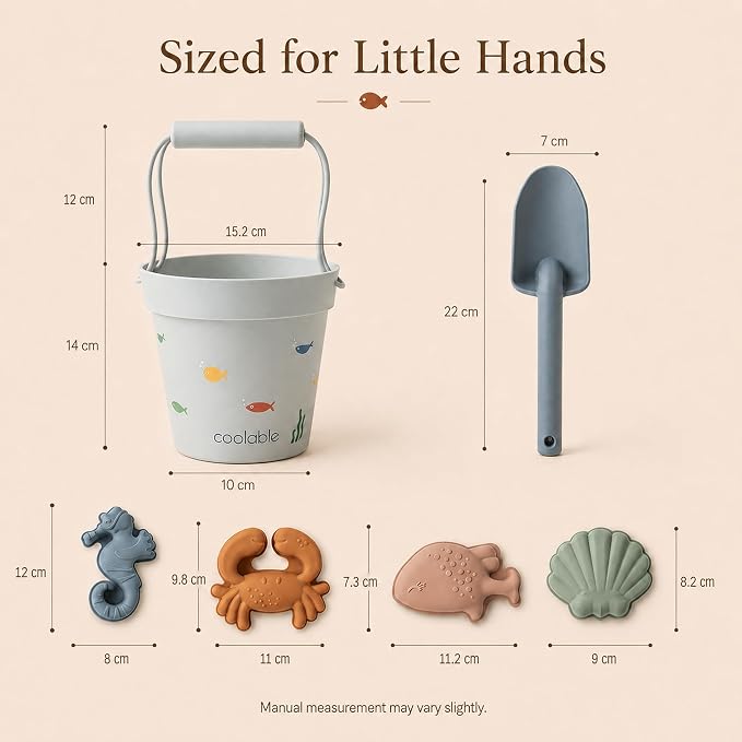 6-Piece Silicone Beach Toys Set for Kids - Foldable Sand Bucket, Shovel, 4 Sand Molds and Mesh Bag - Sea Creatures