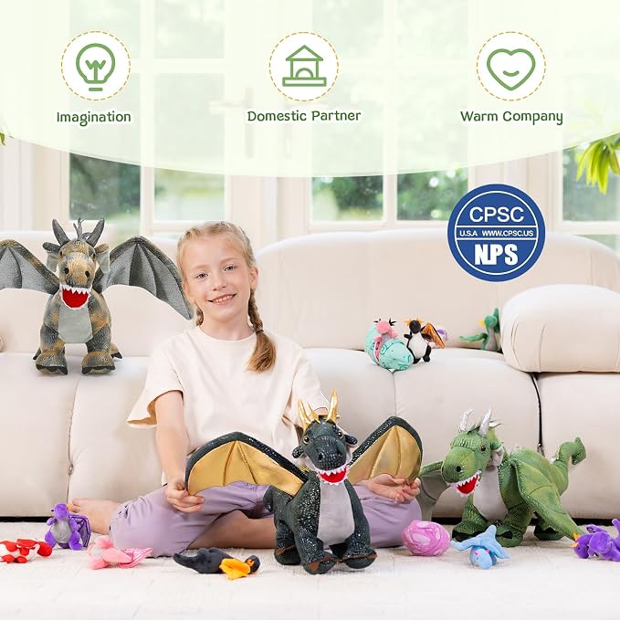 7Pcs Giant Dark Green Dragon Plush Toy, 21.7" Big Mother Dragon Stuffed Animal with 4 Babies & 2 Eggs, Stuffed Dinosaurs for Kids Boys Girls, Cute Soft Plushies Gift for Birthday Christmas