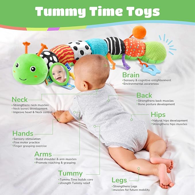 AWOTOY Baby Sensory Toys Music Caterpillar Plush Infant Toys 0 6 12 Months | Stuffed Animals Tummy Time Teething Toys with Mirror Pull String Rattle Baby Toys for Newborn Boy Girl Shower Birthday Gifts
