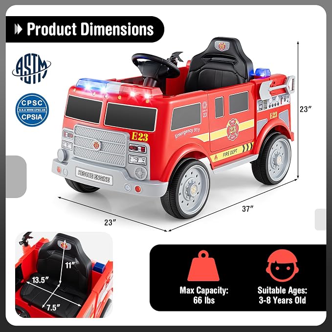 Costzon Kids Ride on Fire Truck, 12V Battery Powered Fire Car w/Remote Control, Extinguisher, Shovel, Loudspeaker, Music, Sirens, Lights & Wireless Connection, Electric Vehicle for Kids(Fire Truck)