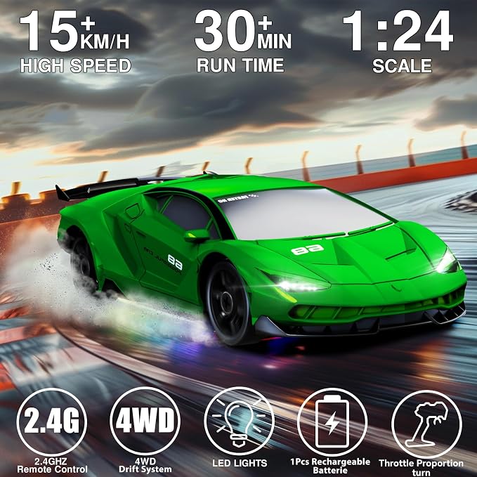 RC Drift Car 1:24 Remote Control Car 4WD 15KM/H High Speed Racing Sport Car with LED Lights RC Cars Toy for Kids Boys Girls Adults Gifts Birthday Christmas Rechargeable Batteries