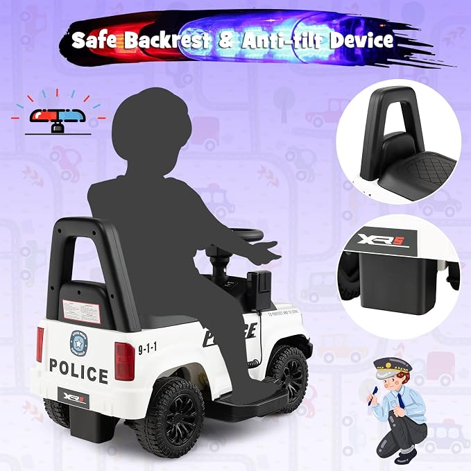 Costzon Police Car Ride On, 6V Battery Powered Electric Kids Ride On with Megaphone, Lights, Siren, Under Seat Storage, Toddler Push Car, Ride On Toys for Toddlers 1-3 Boys Girls (White)