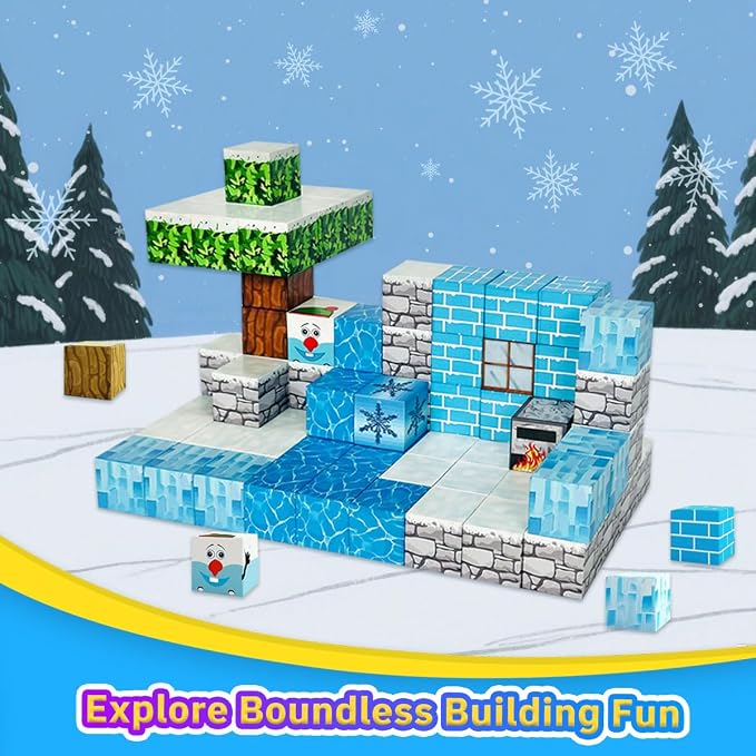 Ice Castle Magnetic Cubes 100PCS - Frozen Kingdom Themed Magnetic Blocks Set for Kids Ages 3+, STEM 3D Magnet Tiles Educational Construction Toys Sensory Montessori Stacking Blocks Gifts Girls Boys