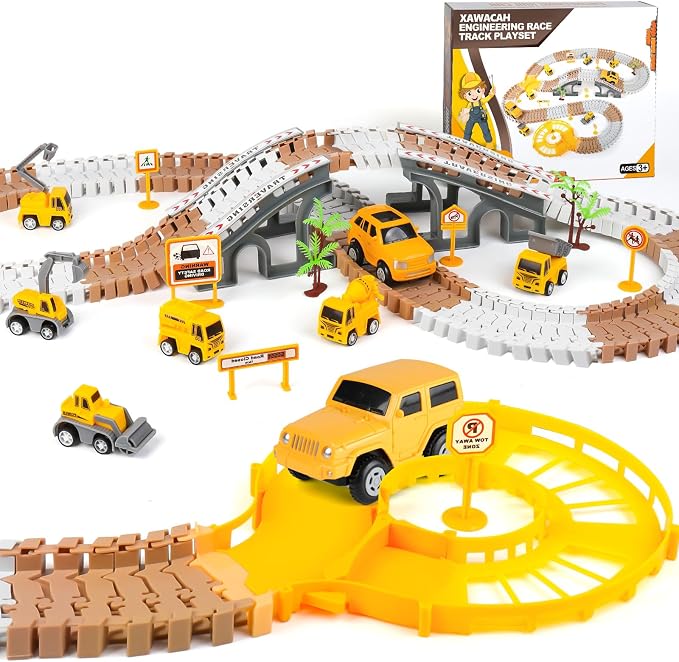 𝗫𝗔𝗪𝗔𝗖𝗔𝗛 Toy Construction Race Track Set for 3 4 5 Year Old Boys, 191 PCS Construction Car Track Playset for Kids 3-6 Years, Engineering Truck Toys DIY Track for 3 Years Old Boys Girls Gifts