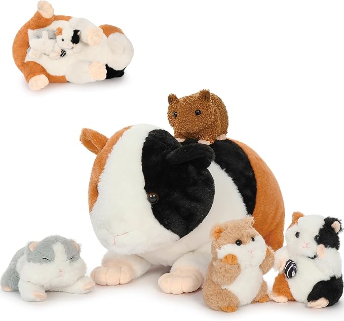 Guinea Pig Stuffed Animal with Babies, 19.7 Inch Mommy Guinea Pig Plush Toy Set with 4 Baby Guinea Pigs, 5 Piece Soft Plush Animals with Zipper Belly, Gift for Kids Girls Boys