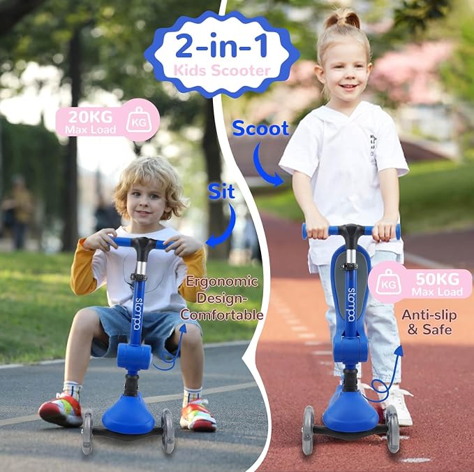 Stompa Kids Scooter 2-in-1 Light Up 3 Wheel Scooters with 4 Levels Adjustable Handlebar, Foldable Seat, Widen Non-Slip Deck for Girls & Boys Max 110 Lbs
