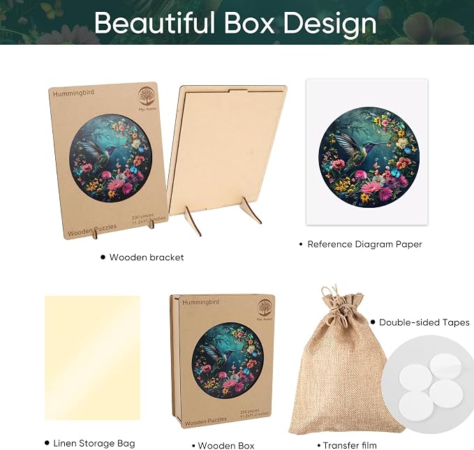 Mys Aurora Wooden Puzzles for Adults, Hummingbird Jigsaw Puzzles 200 Pieces, Unique Shaped Round Flower Puzzles for Adults and Kids, Family Game 11.2 x 11.2 Inch Medium Size