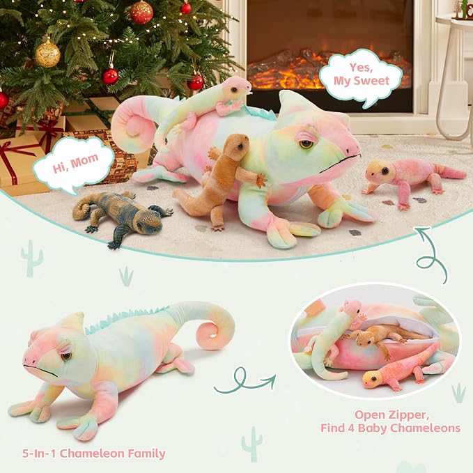 MorisMos 27" Giant Chameleon Stuffed Animal with Babies, 5Pcs Mama & Baby Stuffed Lizard Plush Toys for Kids, Realistic Rainbow Chameleon Plush Toys, Lizard Toys for Jungle Birthday Gift & Room Decor