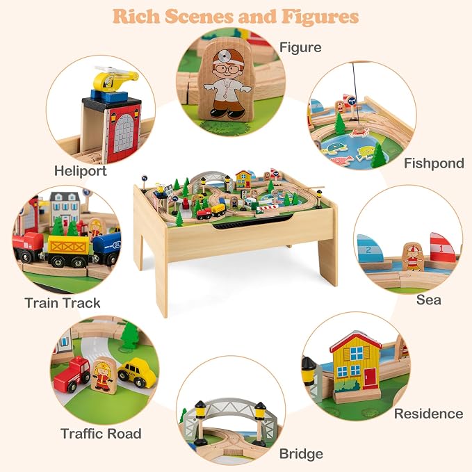 HONEY JOY Train Table, Wooden Kids Activity Table with Storage, 78 Multicolor Pieces, Tracks, Trains, Cars, Toddler Train Table Set with Reversible Tabletop, Gift for Boys Girls Aged 18 Months+