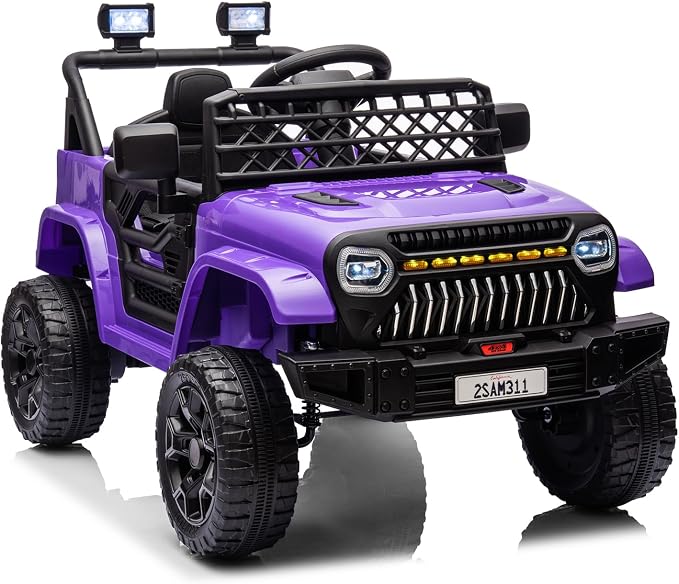 GarveeLife 12V Kids Ride On Truck Electric Vehicle Battery Powered Car Toddles Ride On Toy for Boys Girls with Remote Control, 4-Wheel Suspension, Battery Display, LED Lights, Music, Purple