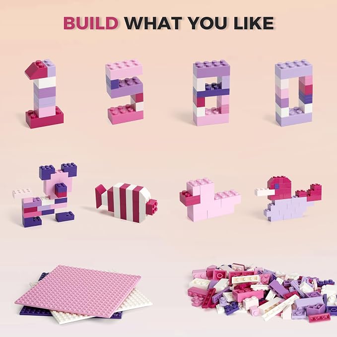 HUIZDQ 1000 Pieces Classic Building Bricks, Classic Stackable Base Plates, 3 6.3" x 6.3" White, Pink and Purple Base Plates, Compatible with All Major Brands, Toys for Ages 6-7-8-13 Girls