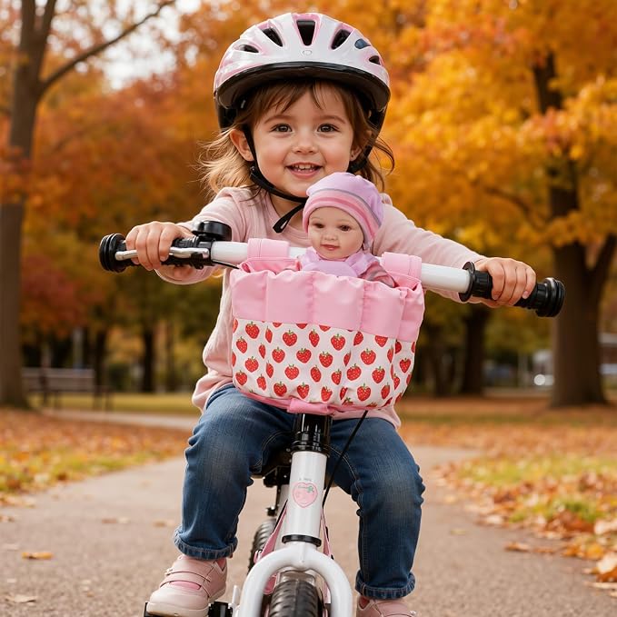 BABESIDE Doll Bike Seat for 12 Inch Dolls, Strawberry Doll Carrier for Kids Bike and Scooter, Baby Doll Accessories for Outdoor Play, Doll Bicycle Seat Gift for Girls Age 3+