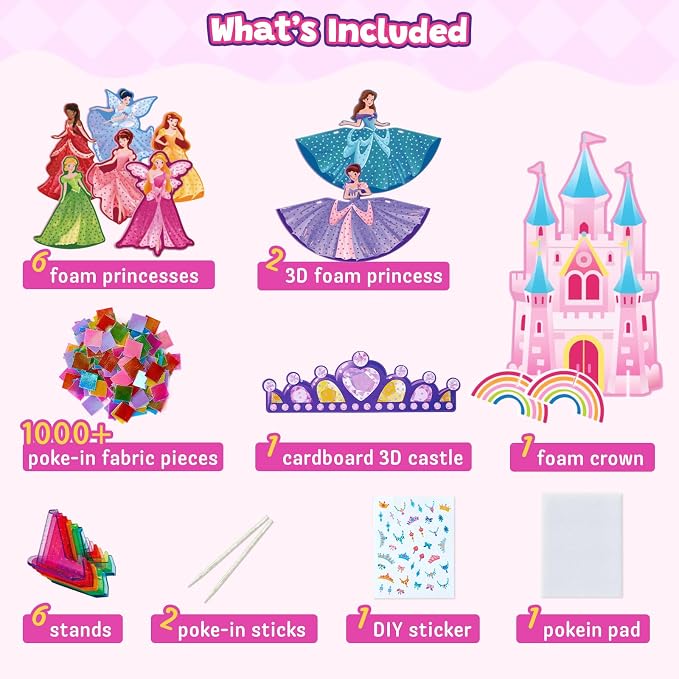 Poke-in Craft Kit for Girls, 3D Castle Princess Dress Up DIY Set with Fairy Tale Castle Scene, Paper Craft Kits, Mess-Free Creative Activity, Arts and Crafts & Birthday Gift for Girls Age 4-8 Year Old