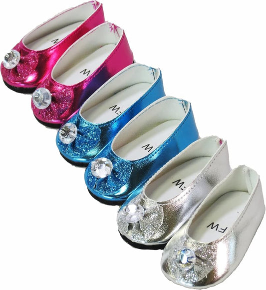 American Fashion World Pink, Blue, and Silver Glitter Bow Flats for 18-Inch Dolls | 3 Piece Set | Premium Quality & Trendy Design | Dolls Shoes | Shoe Fashion for Dolls for Popular Brands