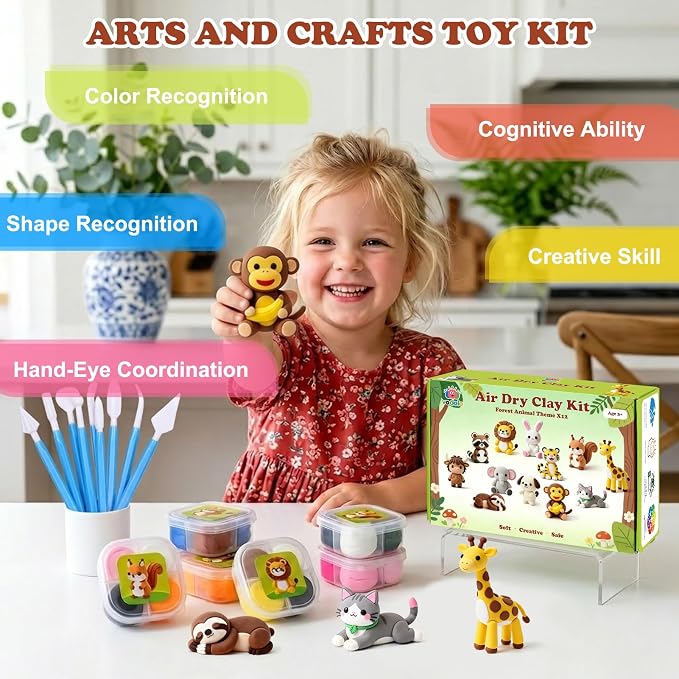 Kids Air Dry Clay Kit – 12 Animal Sculpting Set with Tools & Tutorials | Safe, Ultra-Light, No-Bake Clay | STEM Art Gift for Ages 3+