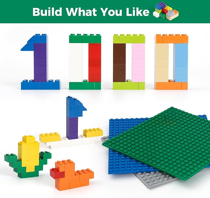 HUIZDQ 1000 Pieces Building Blocks, Classic Stackable Base Plates, 3 6.3" x 6.3" Blue, Gray and Green Base Plates, Compatible with All Major Brands