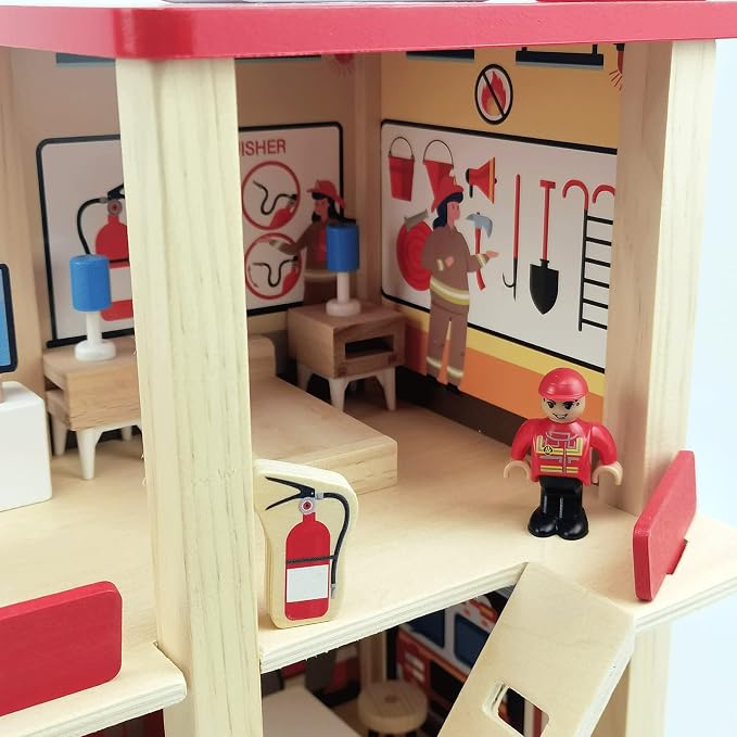 Wooden Fire Station Playset, Multicolor 3-Level Pretend Play Dollhouse with Figures, Truck, Helicopter and Accessories, Preschool Learning Educational Toys for Toddlers Kids Age 3 and up