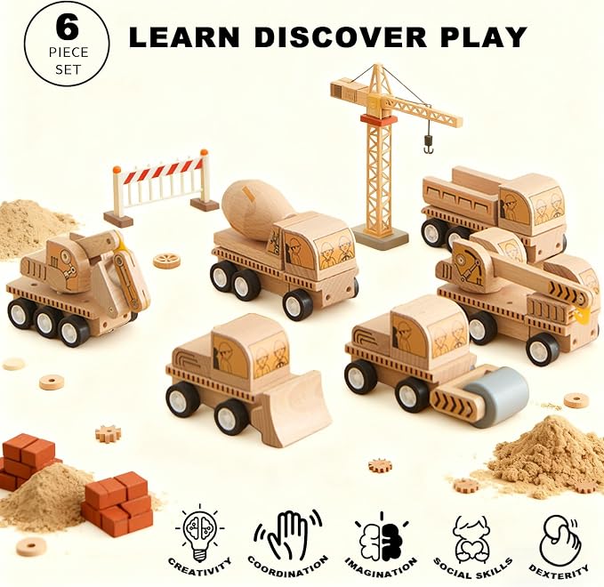 6-Piece Wooden Construction Vehicle Toys Set with Bulldozer, Excavator, Crane, Dump Truck – Montessori Toddler Toys Ages 2-4, All-Natural Safe Push & Go Gift for Boys & Girls