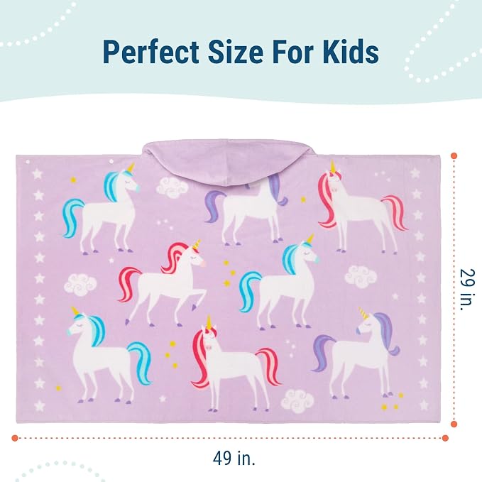 Wildkin Kids Hooded Beach Towel – 100% Cotton, Snap Front for Bath, Pool & Beach - Unicorns