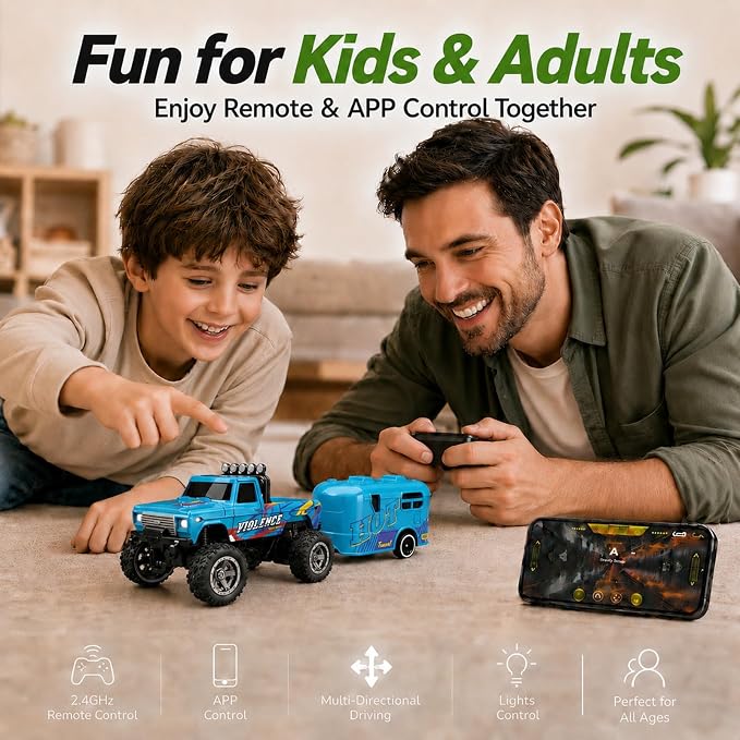 1:64 Scale Mini Remote Control Monster Truck with Trailer | 2.4GHz & App Dual Control, Alloy Mini RC Car with LED Lights, Portable Pocket Toy Car for Kids & Adults, Gift for Boys (Blue)
