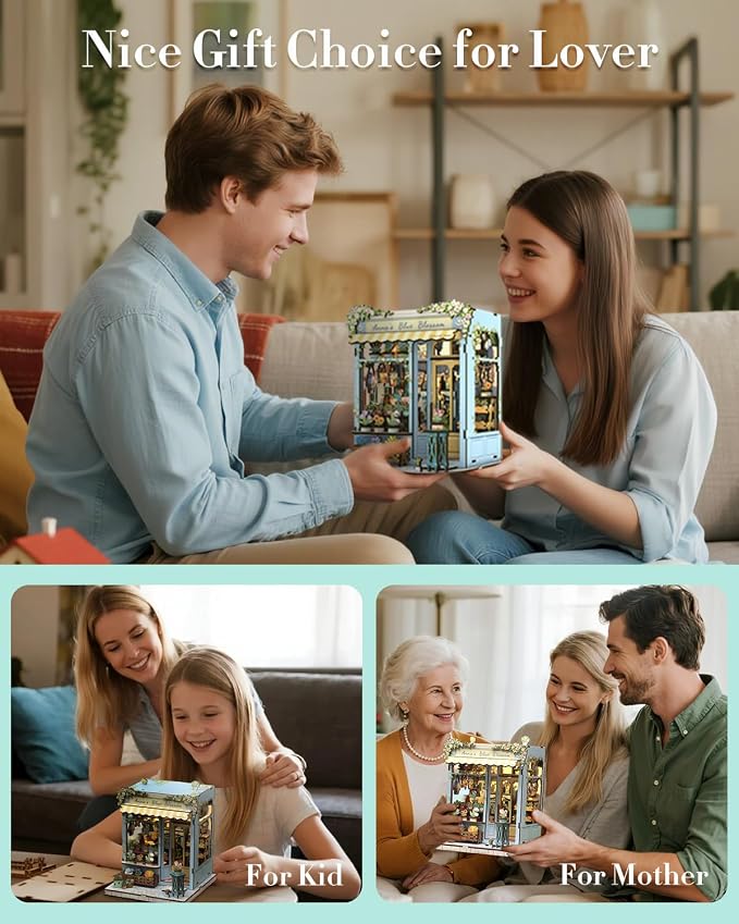 Cutefun Book Nook Kit - DIY Miniature Flower Shop Dollhouse Kit for Adults and Teens, 3D Wooden Puzzle Bookshelf Insert Decor with LED Light, Gifts for Book Lovers and Beginners (Anna's Blue Blossom)