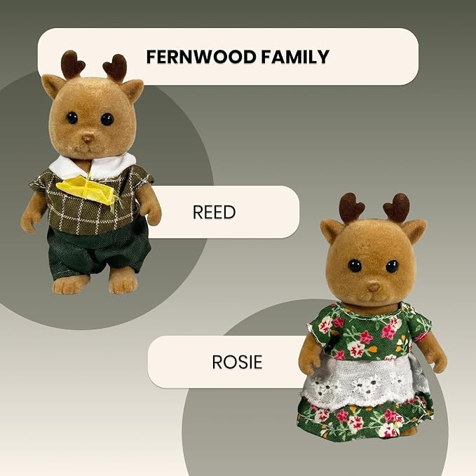 Family Brown Deer Figures — Set of 2 Collectible Flocked Mini Dolls with Removable Clothes, Dollhouse Pretend Play Set for Kids Ages 3+