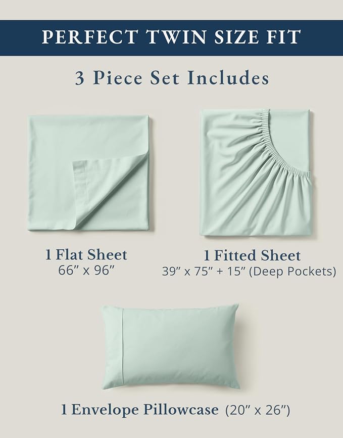 LANE LINEN Twin Sheets 100% Organic Cotton Soft 3pc Percale - Cool Blue | Pure Long-Staple Organic Cotton Twin Sheet Set - Easy-Care Machine Washable, Breathable For Year-Round Sleep
