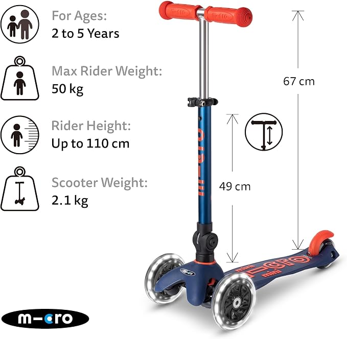 Micro Kickboard | Mini Foldable LED Kids Scooter for Ages 2-5 | Children up to 110 lbs | 3 Wheel Lean-to-Steer Design | Adjustable T Bar | Smooth Ride, Motion-Activated PU LED Wheels | Swiss Design