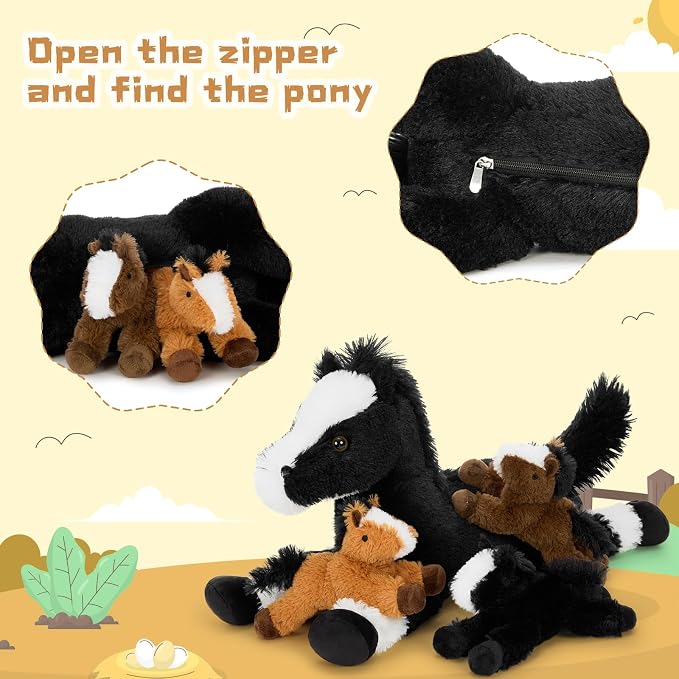 Tezituor 4Pcs Horse Stuffed Animal Set, 21inch Large Stuffed Mommy Horse with 3 Babies Pony Toys for Boys Girls, Black Stuffed Pony Plush Pillow Birthday Party Gift for Kids