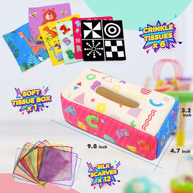 URMYWO Baby Tissue Box Toy, Montessori Baby Toys for 6-12 Months 1 Year Old Boy Girl, Soft Crinkle Sensory Toys for Infant Toddlers, Stocking Stuffers, Baby Boy Girl Gifts