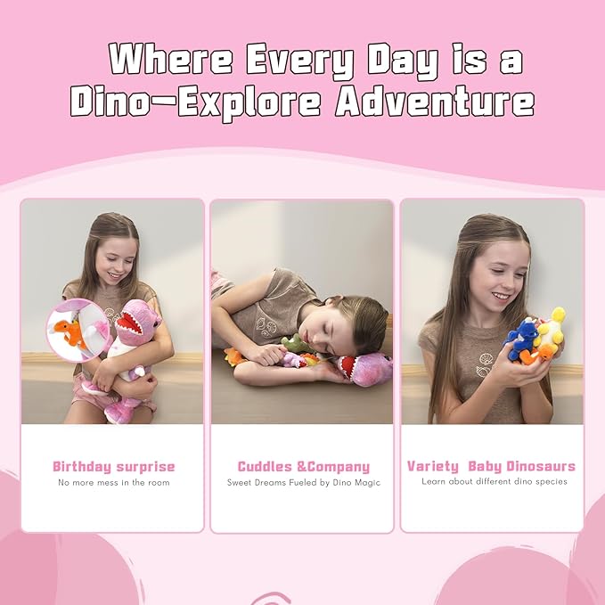 Muiteiur Pink Dinosaur Stuffed Animals, Soft 19.6 inch Dinosaur Stuffed with 5 Cute Babies T-Rex Zippered Belly, Dinosaur Gift Set for Kids Girl Boy