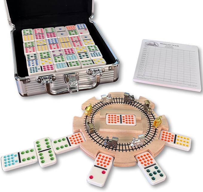 Mexican Train Dominoes Set Double 15 Color Dots | Wooden Hub, 8 Metal Trains, Aluminum Case