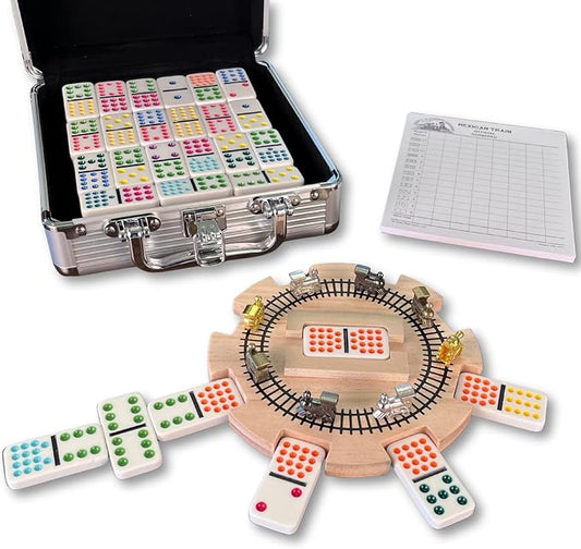 Mexican Train Dominoes Set Double 15 Color Dots | Wooden Hub, 8 Metal Trains, Aluminum Case