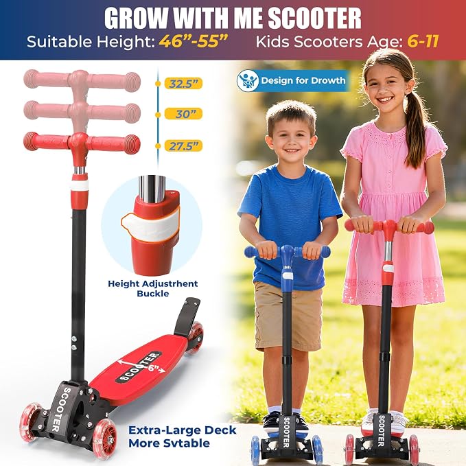 3 Wheel Scooter for Kids Ages 3-12, LED Light-Up Kids Kick Scooter–Portable Foldable, Adjustable Height, Durable Metal Construction, 6" Extra Wide Deck for Outdoor Activities,Child Safety Certified