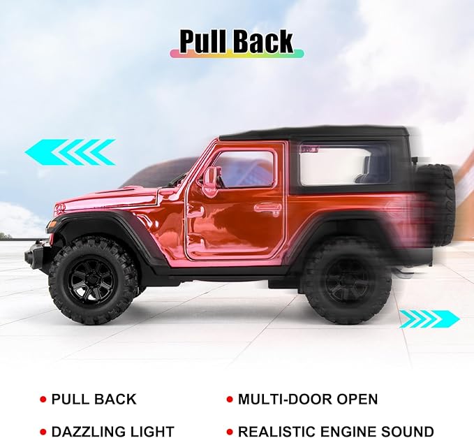 TGRCM-CZ 1:32 Scale Wrangler Rubicon Toy Car – Die-cast Model with Sound & Light Effects, Pull-Back Function, Durable Toddler Toy, Suitable for Ages 3 and Up,Pink