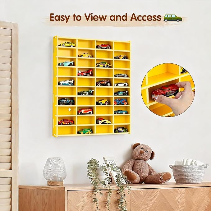Krafetto Toy Car Display Shelf, Holds 40 Diecast 1/64 Toys Car, Wall Mount Model Cars Storage Organize Case (Yellow 1/64 Toy Car Display Shelf)
