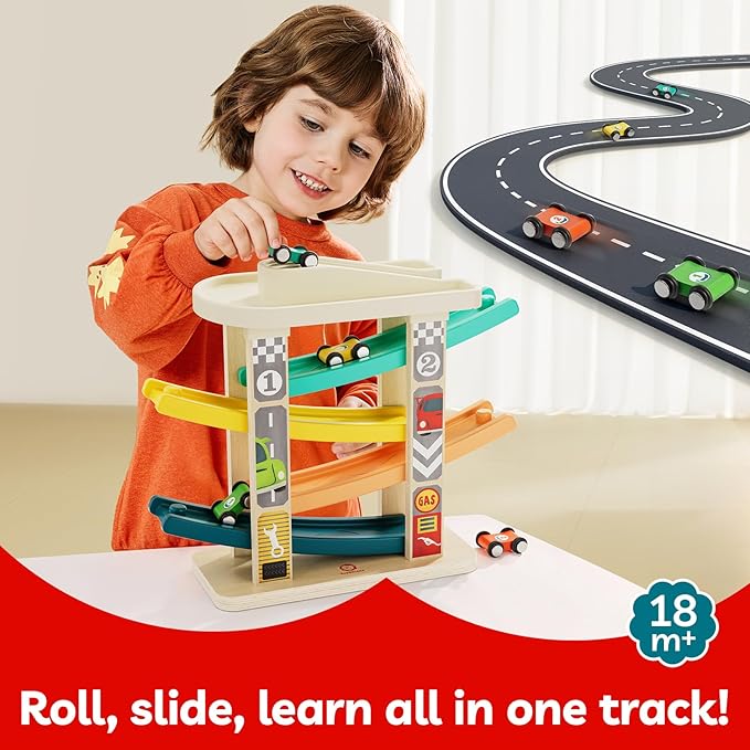 TOP BRIGHT Toddler Toys for 2 Year Old Boy, Wooden Car Ramp Race Track Set, Car Toys for Toddlers 1-3 with Cars and a Garage, Montessori Toys for 12 Year Old Boy Girl,Birthday Gift for Age 18+ Month