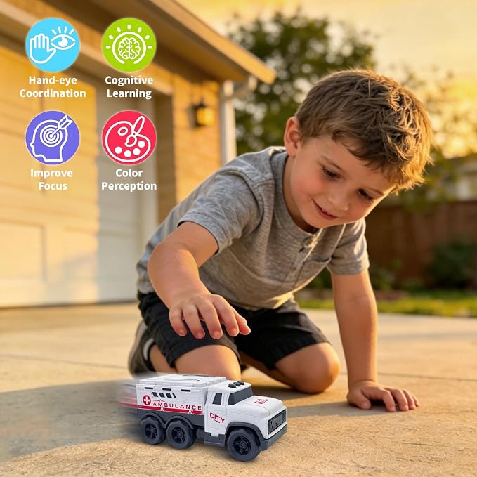 Aigitoy Toddler Car Toys for 1-3 Year Old, White Ambulance Truck, BPA Free, Phthalates Free, PVC, Recycled Plastic, Construction Truck, Kids Outdoor Toys, Christmas Birthday Gifts for Boys Girls