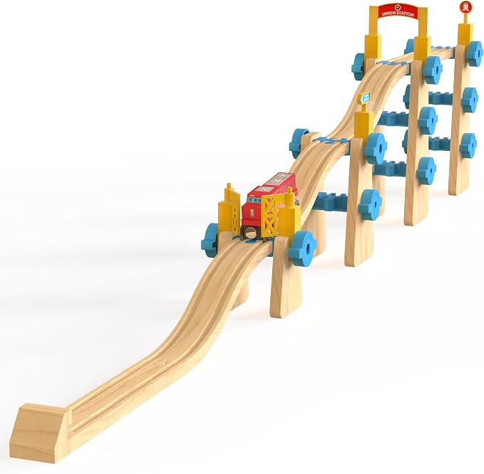 Wooden Train Tracks Build & Play Construction Set 115PCS Modular Railway STEM Toys Track Expansion Pack #3 | Build Crane Tower Bridge Ascending Track Accessories Compatible with Thomas Brio ORBRIUM