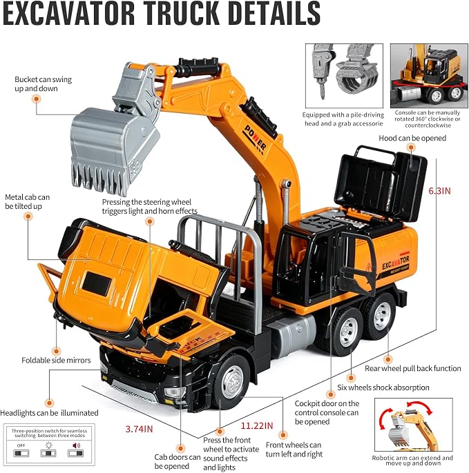 Excavator Toy Diecast Metal Cab Construction Truck Toys for Kids Excavator with Movable Robotic Arm Pull Back Toy Excavator with Lights and Sounds Excavator Toys for Boys 3-5 Year Old