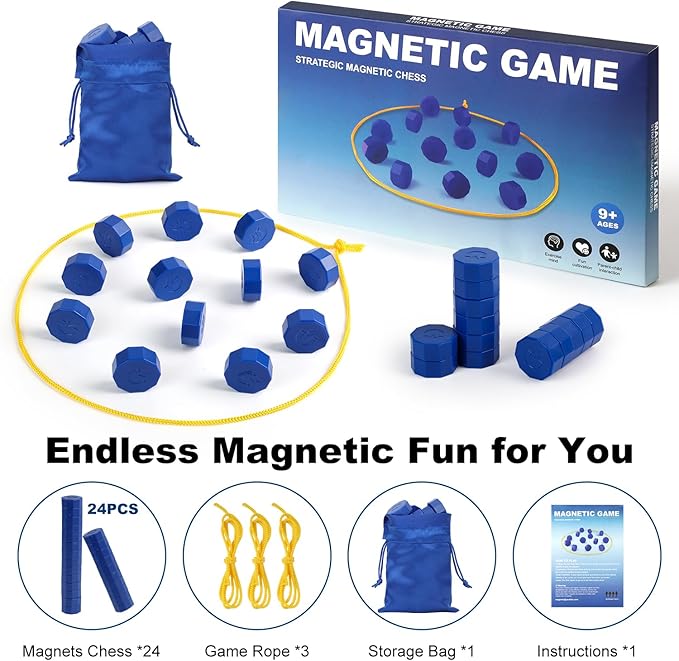Magnetic Chess Game with 24 Full-Size Stones, Magnet Game with 3 String & Portable Storage Bag, Strategy Board Game for Family Game Night, Indoor Outdoor Use for Kids Adults