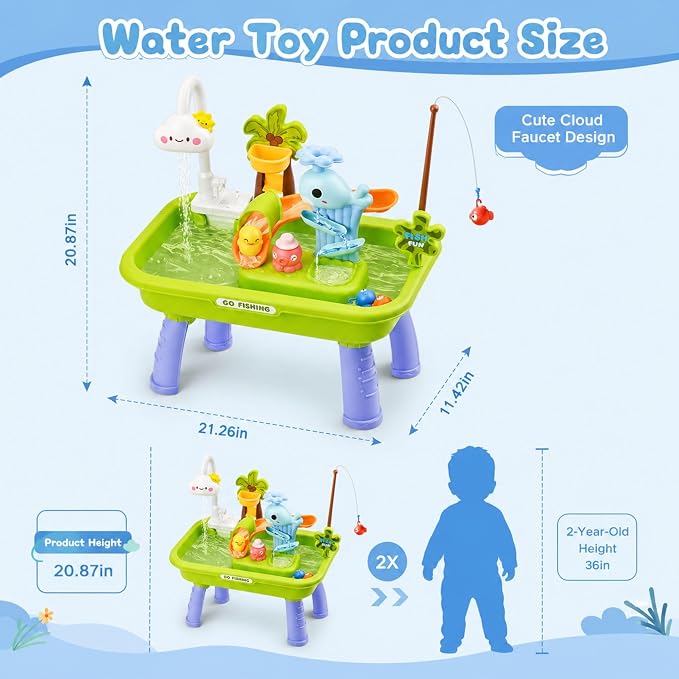 2026 Upgraded Water Table for Toddlers 1-3, Kids Sand Water Table Toy with Electric Water Pump, Kids Sand Water with Faucet/Play Food Accessories/Fishing Toy, Kitchen Play Sink Toy (Green)