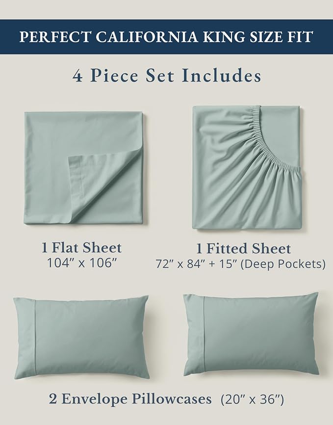 LANE LINEN California King Sheet Set 100% Organic Cotton Soft - French Blue | Cal King Sheets In Pure Long-Staple Organic Cotton - Honest-Price Organic Quality, Crisp, Cool & Breathable, For Hot Sleepers