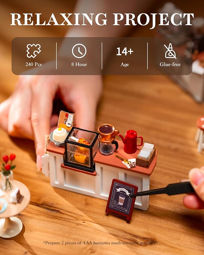 Robotime DIY Miniature House Kit, 1:18 Coffee Shop Diorama Dollhouse with LED Lights, 3D Wooden Puzzle Diorama for Adults, Craft Hobby Gift for Women Men Teens