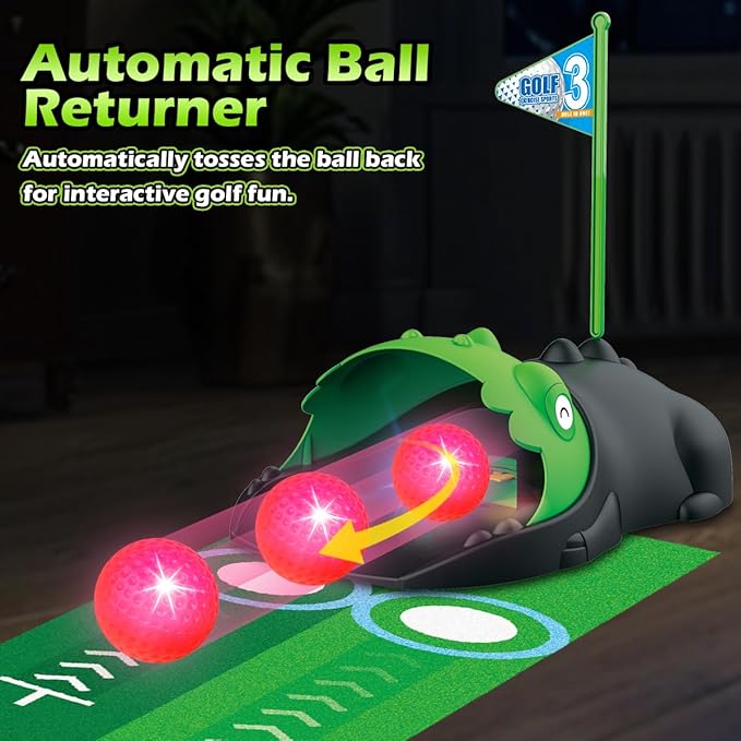 Clemas Upgraded Kids Toy Golf Set with Dinosaur Automatic Golf Returner, Led Light Up Night Golf Balls, 3 Clubs, Putting Mat, 3-8 Toddler Mini Golf Games, Indoor Outdoor Sports Toys for Boys Girls 3+