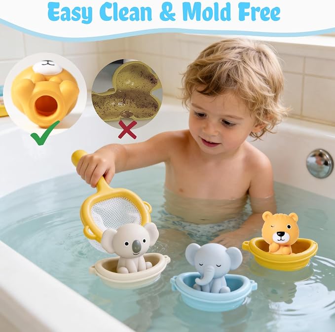 Otter Bath Toy for Toddlers 1-3, 12pcs No-Hole Bath Toys for Kids Interactive Basketball Hoop, Squeeze Animal Balls, Floating Boats, Fishing Net and Storage Bag Bathtub Pool Water Toys for Boys Girls