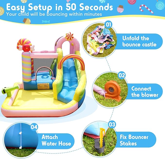 NBSPORT 6-in-1 Inflatable Water Slide Bounce House for Kids Ages 3-10, Candy Inflatable Water Park with Splash Pool, Climbing Wall, Basketball Hoop, 840D Oxford, 450W Blower for Backyard